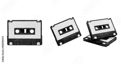 Retro black and white cassette tape collection in halftone style