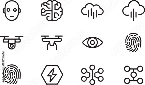 Artificial intelligence and advanced tech line vector icon collection featuring drone robot head cloud data and futuristic nodes.