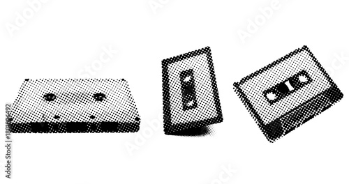 Halftone retro audio cassettes in various angles