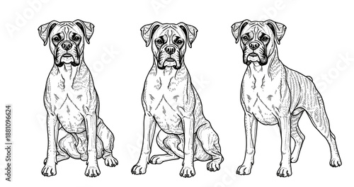 Detailed black and white boxer dog illustrations: trio of posing dogs