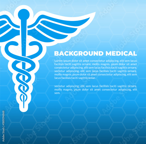 Medical background template, blue healthcare design, caduceus icon on the left, hexagonal grid pattern, pharmacy banner design, space for text