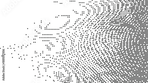 Distorted monochrome dithered gradient background with black pixel particles fading into white space for modern minimalist aesthetic Vector Illustration