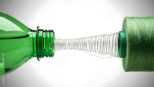 Sustainable textile production showing green plastic bottle being transformed into fine thread