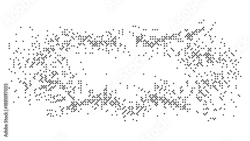 Abstract circular pixel cloud in black on white background with scattered dithered particles creating an organic digital shape Vector Illustration