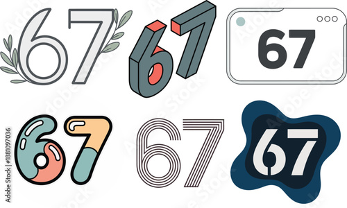 Number 67 in colorful styles with balloons feathers and bold fonts