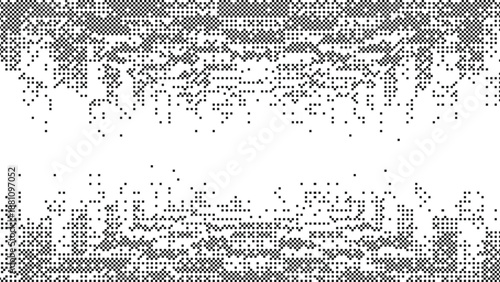 Abstract monochrome digital glitch background featuring black pixel noise and dithered particles creating a distorted data texture Vector Illustration