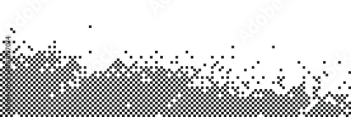 Wide black and white checkered pixelated landscape border with dithered particles fading upwards into clean white space Vector Illustration