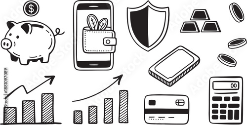 Financial banking and savings line vector icon set featuring piggy bank mobile wallet bar chart and money management symbols.