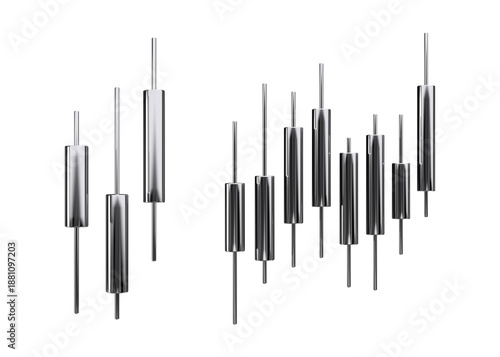 Set of Chrome 3D Candlestick Charts Elements Isolated. 3d Rendering
