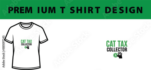 White T-Shirt Mockup with Green Cat Tax Collector Text and Paw Print Logo isolated on Transparent Background