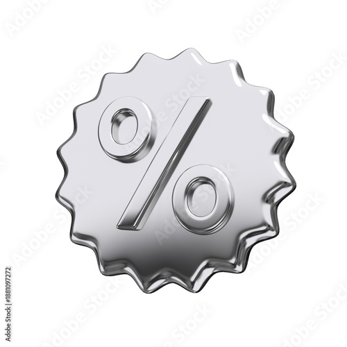 Shiny discount silver emblem for sales event and shopping online. Price percent tag offer promotion isolated. 3d rendering.