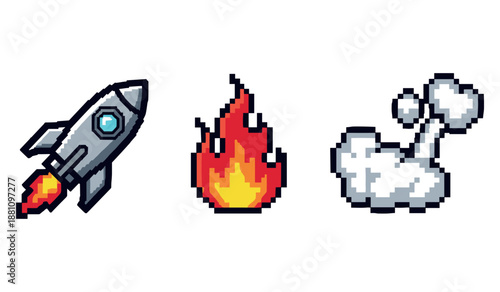 Pixel art rocket, fire, and smoke: retro video game style elements