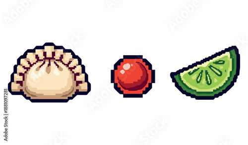 Pixel art dumpling, red sauce, and lime slice on white background