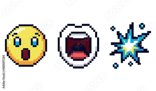 Pixel art expressions featuring shocked face, yawning mouth, and comic explosion