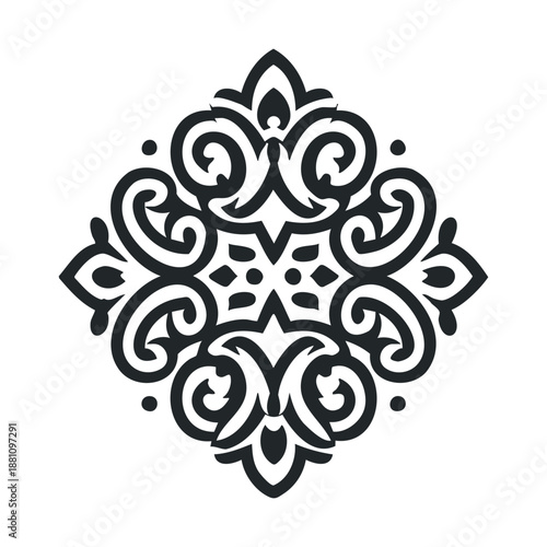 Elegant symmetrical decorative ornament with intricate abstract flowing lines and stylized organic motifs suitable for sophisticated branding logos print materials and textile applications