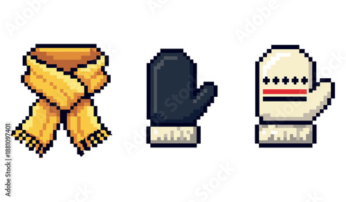 Pixel art winter accessories: yellow scarf and mittens
