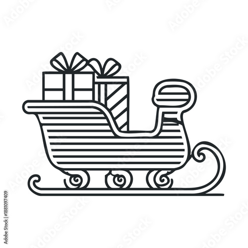 Classic line art graphic of Santa Claus sleigh filled with holiday gifts and wrapped presents perfect for winter season celebrations greeting cards and festive promotional material