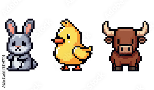 Cute pixel art animals: rabbit, duck, bull in retro style