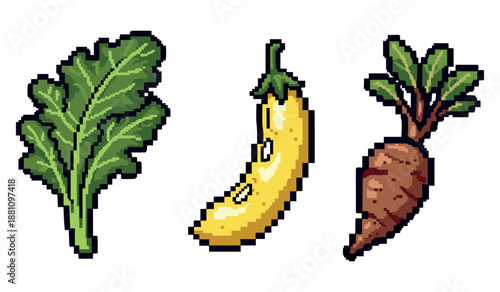 Pixel art vegetables: leafy green, yellow squash, and root vegetable
