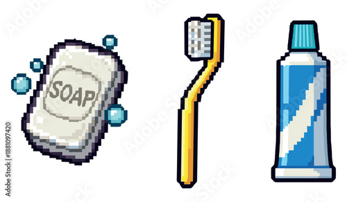 Pixel art hygiene set: soap, toothbrush, toothpaste with bubbles and bristles