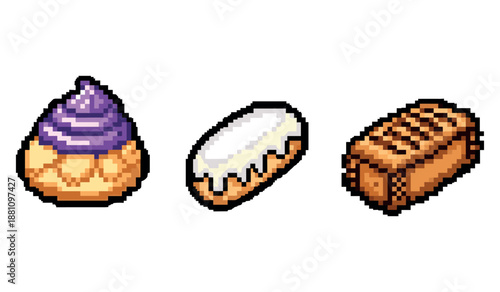 Pixel art pastries: cream puff, éclair, and loaf in retro style