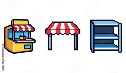 Pixel art market stalls with yellow booth, red and white canopy, and empty shelves