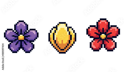 Pixel art flowers and gem icon set in vibrant colors