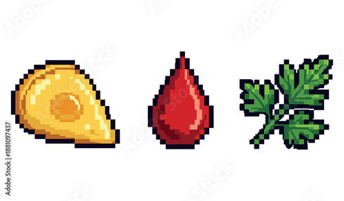 Pixel art: cheese, tomato, parsley - food icons set