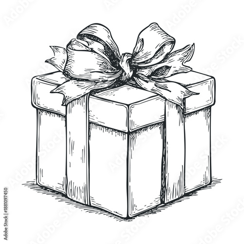 Hand drawn sketch style drawing of a classic square gift box tied with an elaborate decorative ribbon bow, ideal for holiday season promotions, birthday event invitations, or festive