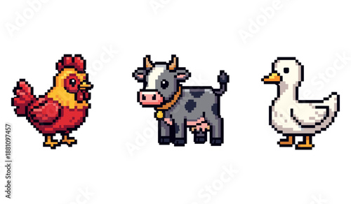 Pixel art farm animals: chicken, cow, and duck in 8-bit style