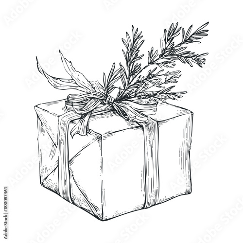 Hand drawn sketch of a festive gift box decorated with a sprig of rosemary and a tied ribbon, perfect for holiday greetings, packaging designs, or event invitations