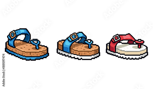 Colorful pixel art sandal collection: blue and red casual footwear