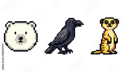 Pixel art animals: bear, crow, meerkat in minimalist style