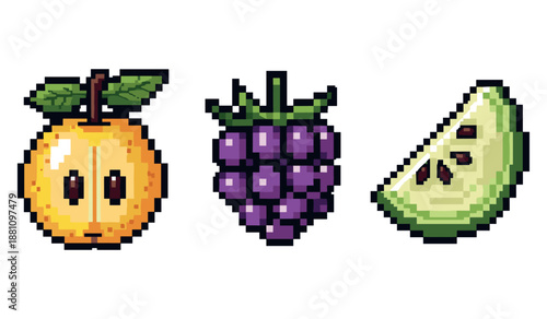 Pixel art fruits: orange with leaf, grapes, melon slice on white background