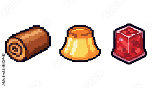 Pixel art desserts: swiss roll, flan, and jelly cube on white background