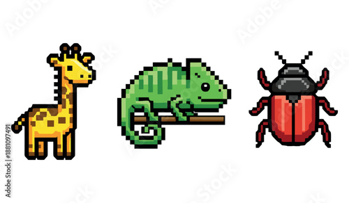 Pixel art animals: giraffe, chameleon, beetle in retro style