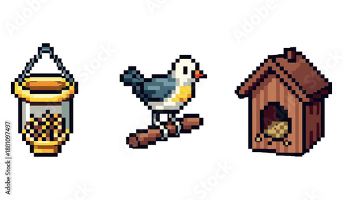 Pixel art bird and birdhouse with bird feeder on a white background