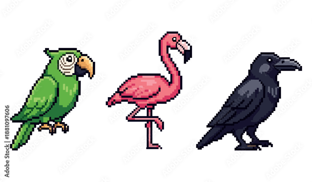 Obraz premium Pixel art parrot flamingo and raven in profile view