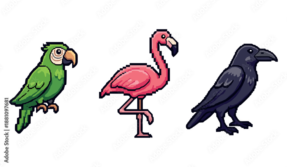 Fototapeta premium Pixel art parrot, flamingo, and raven in vibrant colors
