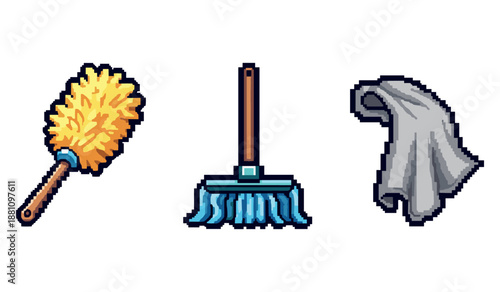 Pixel art cleaning tools: feather duster, broom, and cloth in retro style