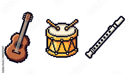 Pixel art musical instruments: guitar, drum, flute trio on white background