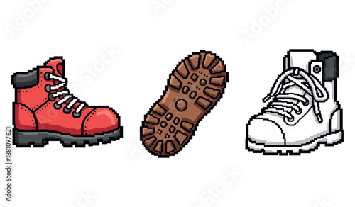 Pixel art hiking boots and soles in red and white