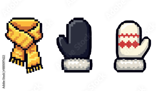 Pixel art winter clothing: yellow scarf and mittens collection