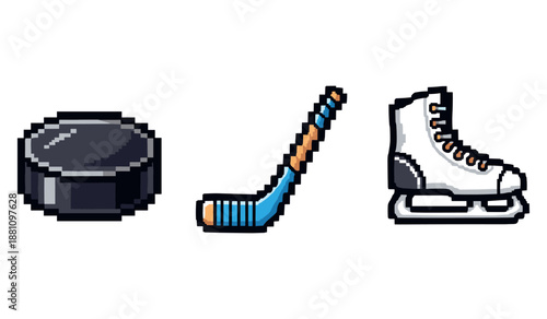 Pixel art of hockey puck, stick, and ice skate on white background