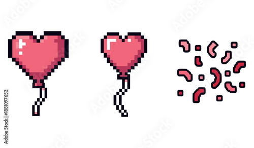 Pixel art heart balloon journey: full, deflated, broken stages