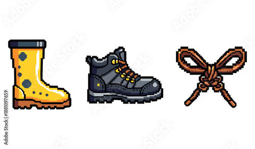 Colorful pixel art of rain boot, hiking boot, and shoe lace knot