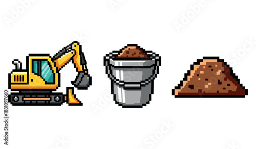 Pixel art construction icons: excavator, bucket, and dirt pile