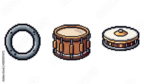 Pixel art percussion instruments: drum, tambourine, cymbal set on white background