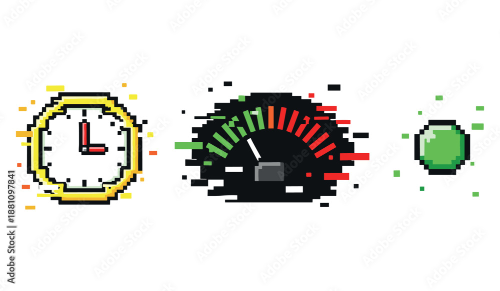 Fototapeta premium Pixel art speed concepts: clock, speedometer, and green gem icons