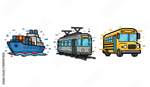 Pixel art: cargo ship, tram, and school bus transportation icons